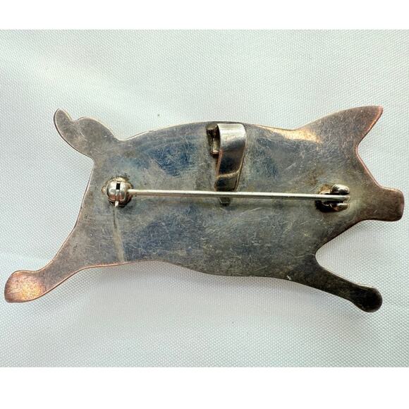 Vintage MCM Studio Sterling Silver Repoussé Figural Pig Brooch Pendant, Unsigned - Picture 3 of 7